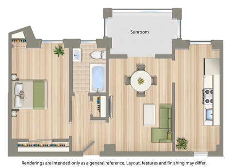 A floor plan of a house with a sunroom and a kitchen.